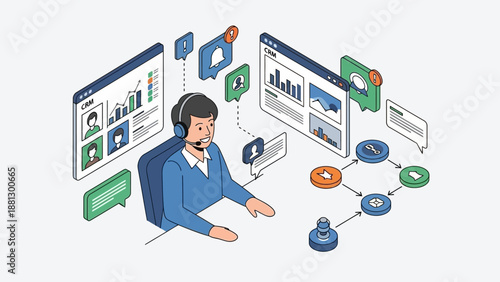 Businessman analyzing data on multiple screens.