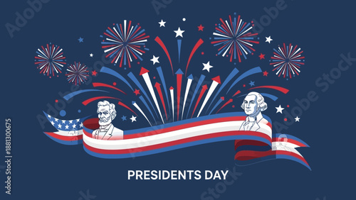 Presidents Day Celebration with Fireworks and Historical Figures