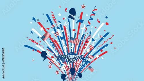 Presidents Day Celebration with Fireworks, Flags, Silhouettes, and Confetti