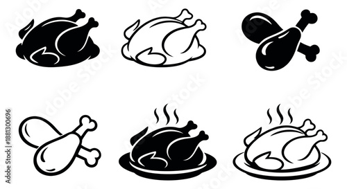 Graphic line art and silhouette food icons set featuring roasted whole chicken and drumsticks for menus and restaurant themes