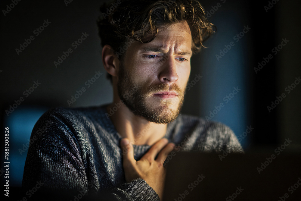 Obraz premium Thoughtful man with hand on chest showing concern while looking at a screen in a dark indoor space