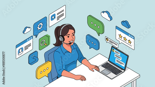 Woman Wearing Headset Working on Laptop.