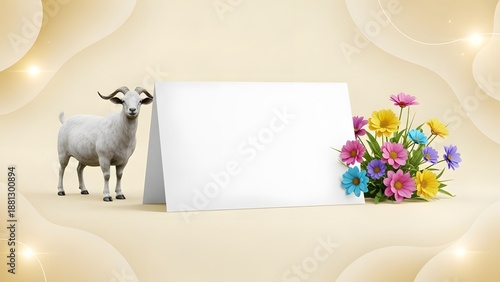 A white goat standing beside a white canvas with colorful flowers