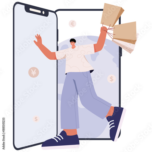 Global Shopping Illustration. Vector illustration of courier delivering international packages across countries, representing global e-commerce and worldwide logistics. Isolated on background