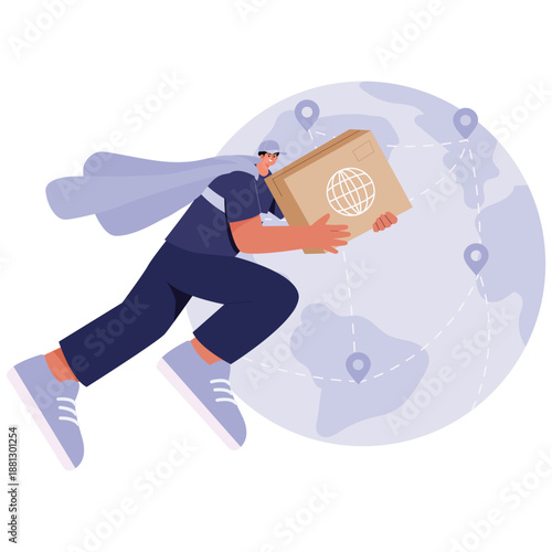 Global Shopping Illustration. Vector illustration of people exchanging packages globally, symbolizing international commerce and logistics networks. Isolated on background