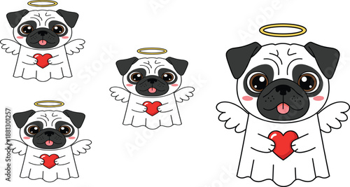 Cute angel pug dog holding red heart with wings and halo, cartoon pet character illustration for love, greeting and Valentine design