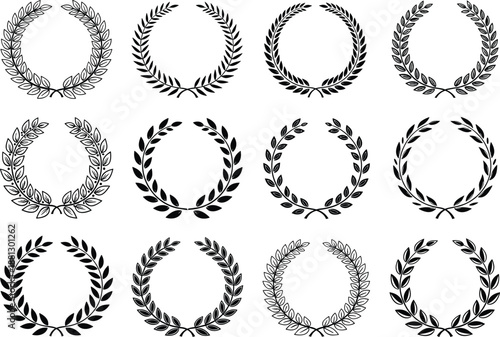 Set of laurel wreath icons, victory award symbols, championship achievement frames and organic floral border vector graphics for luxury branding.