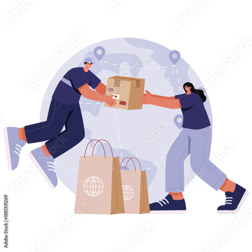 Global Shopping Illustration. Vector illustration of worldwide e-commerce activities with global delivery and international customers. Isolated on background