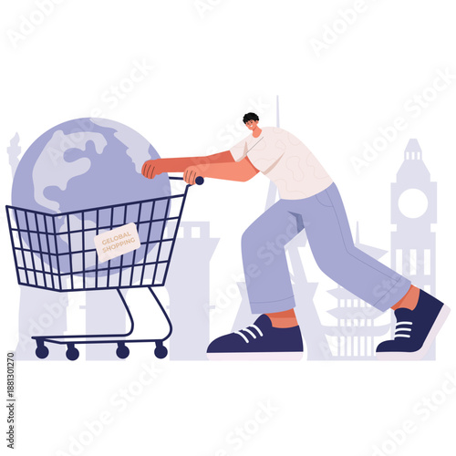 Global Shopping Illustration. Vector illustration of online shopping activity with global shipping routes and cross-border transactions. Isolated on background