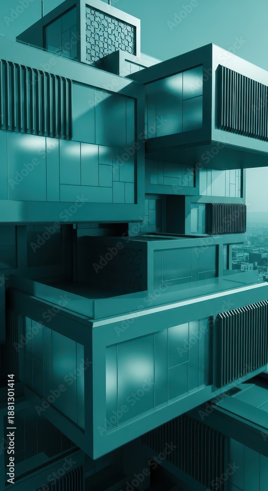 Fototapeta premium Complex geometric building facade features contrasting textures and cantilevered volumes