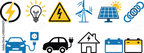 Set of renewable energy icons, green power symbols with electric car, solar panel, wind turbine and battery vector illustration elements.