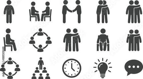Set of people meeting icons, business team collaboration symbols, human figure silhouettes, and professional community vector design elements.