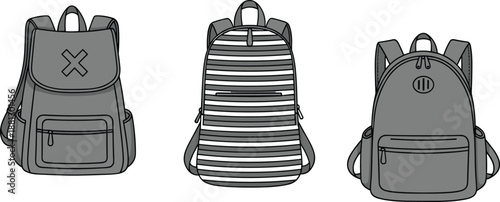 Set of school backpack icons, travel bag silhouettes, student knapsack symbols, and outdoor rucksack equipment vector graphics for education.