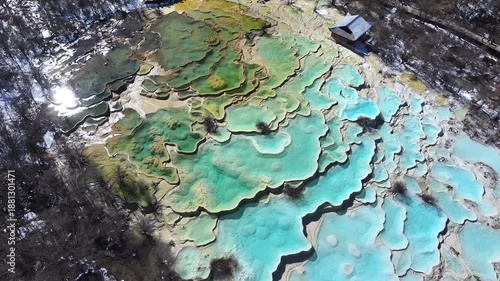 Panorama of multi-colored pond of Huanglong Scenic and Historic Interest Area