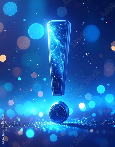 A glowing blue exclamation mark with a round base on a sparkling blue background