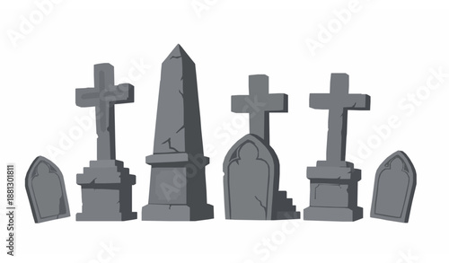 Cartoon Cemetery Gravestones Vector Illustration with Gothic Tombstones and Crosses