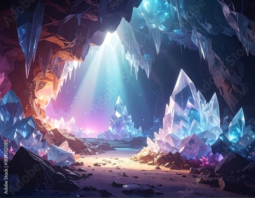 An ethereal cave illuminated by a beam of light. Crystal formations sparkle with vibrant hues, creating a surreal and magical atmosphere