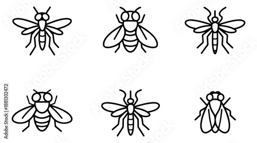 Line art insect icon set featuring various flying insects for graphic design projects