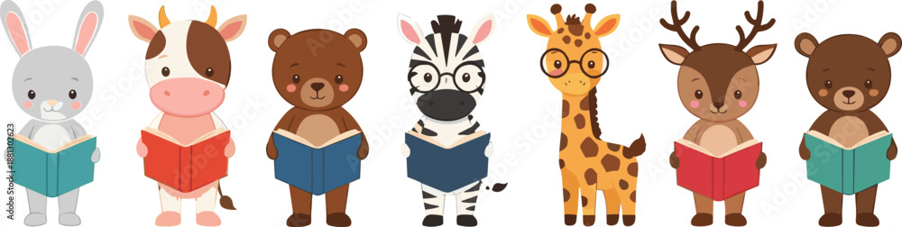 Obraz premium Cute cartoon animal characters reading books illustration set with rabbit, bear, zebra, giraffe and deer, kids education collection