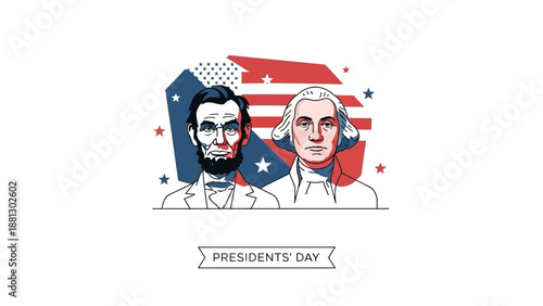 Presidents Day Illustration: Lincoln and Washington Portraits with US Flag