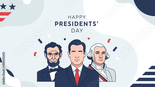 Presidents Day Illustration: Lincoln, Washington, and Modern Leader