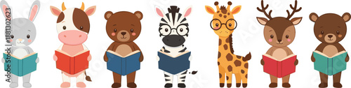 Cute cartoon animal characters reading books illustration set with rabbit, bear, zebra, giraffe and deer, kids education collection