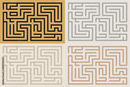 Four Color Variations Of Complex Maze Design For Intellectual Stimulation