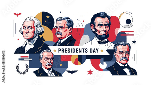 Presidents Day Illustration: Washington, Lincoln, and other US Presidents