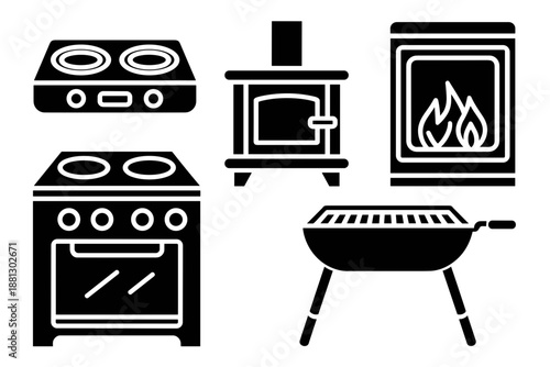 Black and White Graphic Designs of Kitchen Appliances and BBQ