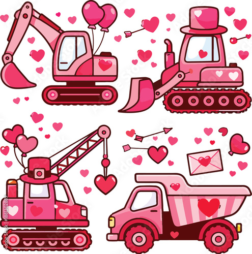 Cute Love-Themed Construction Vehicles Vector Set with Hearts – Valentine Cartoon Machinery Illustration