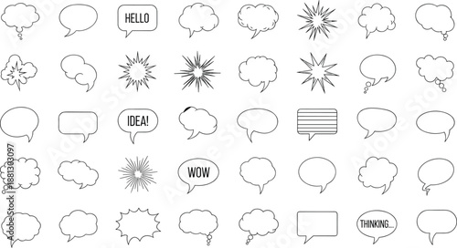 Vector illustration of comic speech bubble icon set with expressive shapes, dialogue frames, and storytelling design element