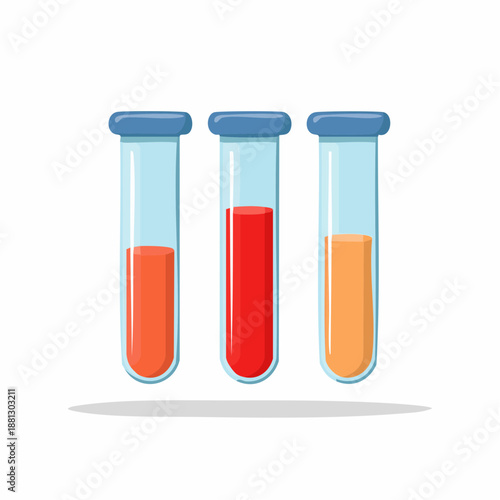 Three test tubes with different colored liquids for experiments or medical research and analysis in a laboratory