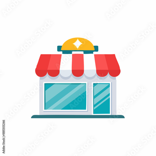 Colorful Storefront Building Icon with Striped Awning and Bright Star Symbol for Local Commerce