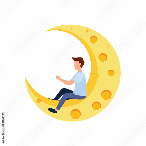 Man sitting on a big yellow moon cartoon illustration, man resting on moon concept, flat design