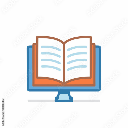 Modern learning concept illustration with open book placed on top of blue computer monitor for virtual education