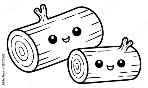 Cute hand drawn line art wood logs set featuring two smiling faces for children's activities and designs