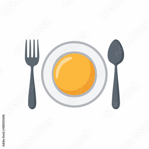 Minimalistic illustration of an egg on a plate with fork and spoon ready for a meal, symbolizing breakfast time or kitchenware