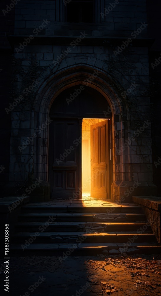 Obraz premium Ancient stone doorway opens to reveal a brilliant golden light spilling down worn steps at night