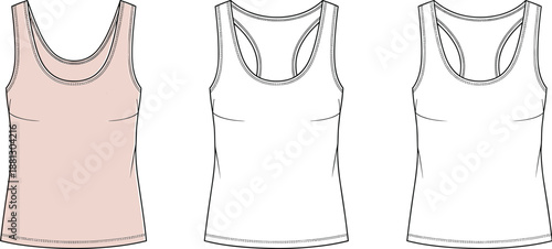 Technical fashion illustration of tank tops with scoop neck and racerback styles, front and back views in vector format