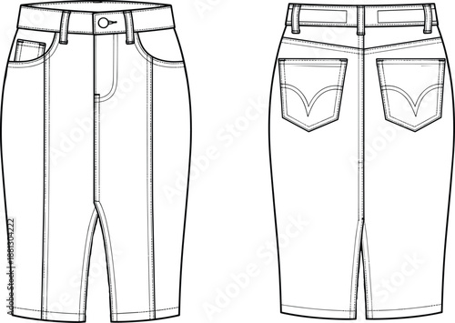 Technical flat sketch of denim pencil skirt with front and back views, detailed seams, pockets, belt loops, and hem slits