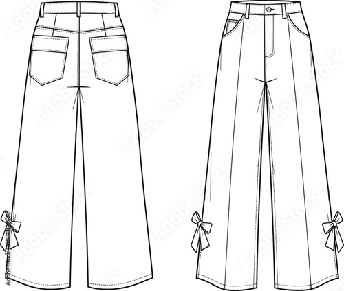 Technical fashion sketch of wide-leg pants with bows and pockets, high-waist cropped trouser design for garment construction reference
