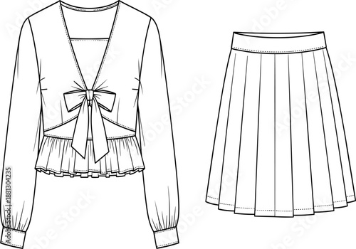 Technical fashion sketch of blouse with bow tie and pleated skirt, detailed garment construction drawing for apparel design reference