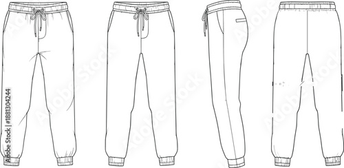 Technical fashion flat sketch of jogger pants with drawstring waist, ribbed cuffs, and pocket details in multiple garment views.