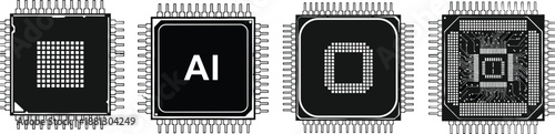 Artificial intelligence processor chip set, computer CPU microchip icons, hardware tech components, cad drawing flat vector illustration, digital circuit board, technology.