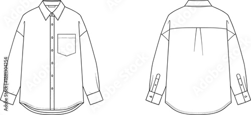 Technical fashion sketch of long-sleeve button-up shirt with collar, chest pocket, yoke, box pleat—front and back views.