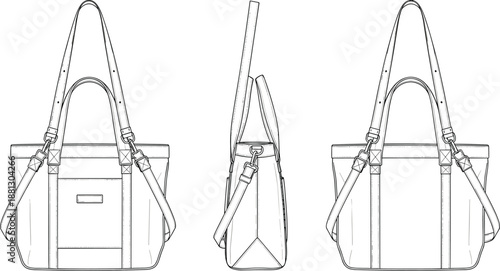 Technical fashion sketch of handbag with front, side, and back views showing straps, pocket, stitching, and structural details.