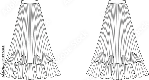 Technical fashion sketch of pleated skirts with ruffled hem, fitted waistband, and flared silhouette—front views for garment design reference.