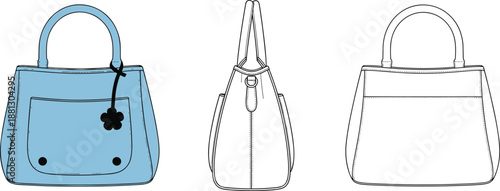 Technical fashion sketch of handbag with front, side, and back views for product design, retail catalog, and construction reference