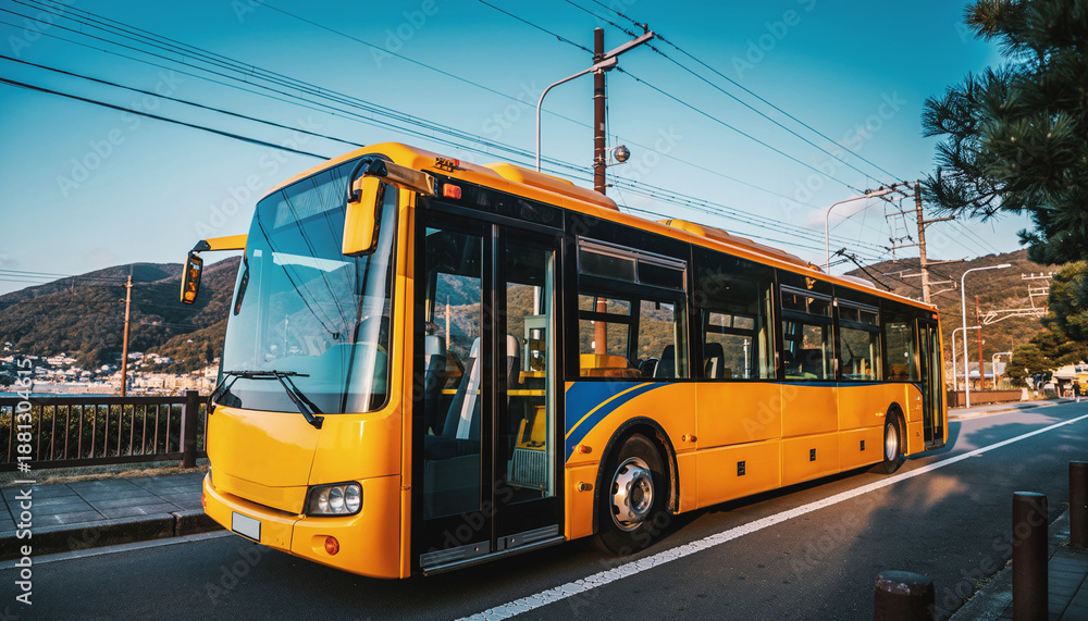 Naklejka premium 江ノ電バスの車両外観と美しい青空 神奈川県 鎌倉・藤沢エリアの公共交通