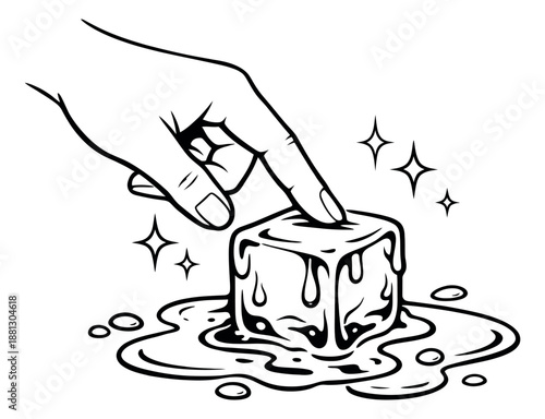 Hand drawn line art illustration of a hand touching a melting ice cube for refreshment concepts